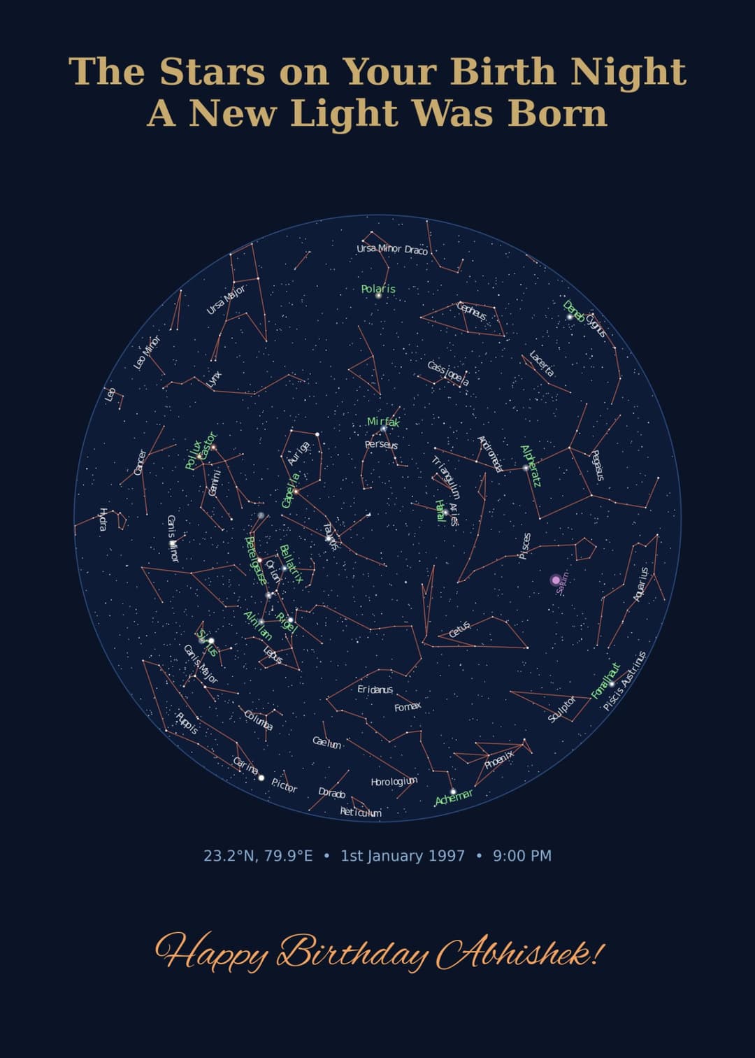 Your Sky map — birthday poster showing the night sky from Jabalpur on 1st January 1997